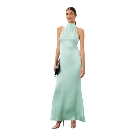 LAPOINTE Satin Halter Evening Gown Backless Maxi Dress in Mint Green Size 4 - Picture 3 of 14
